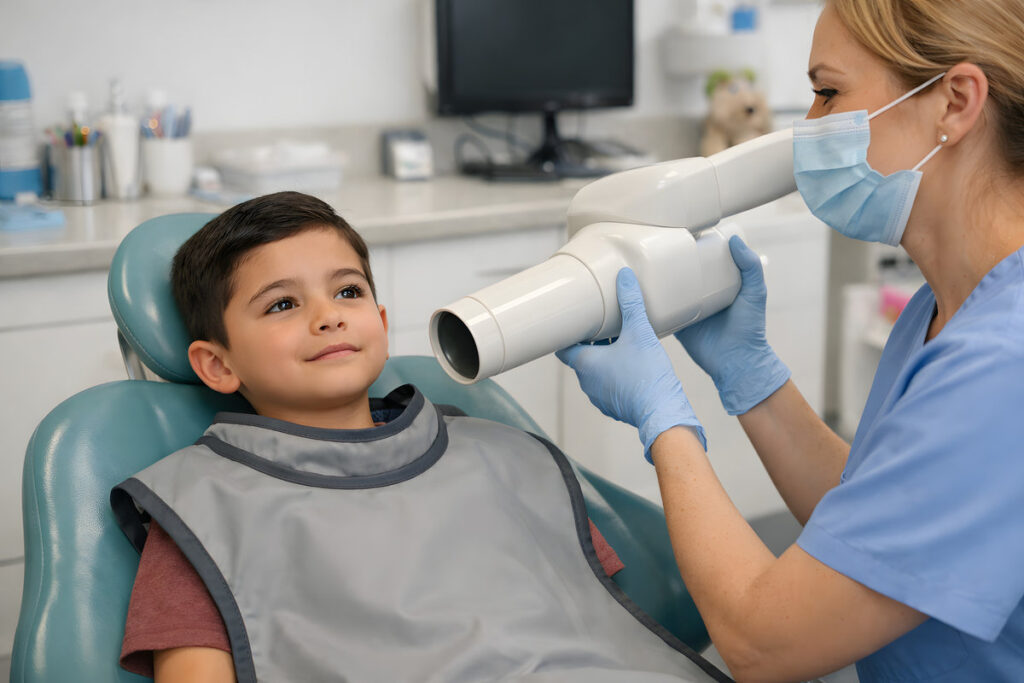 Child Wearing Lead Apron Receiving Dental X-Ray in Pediatric Office