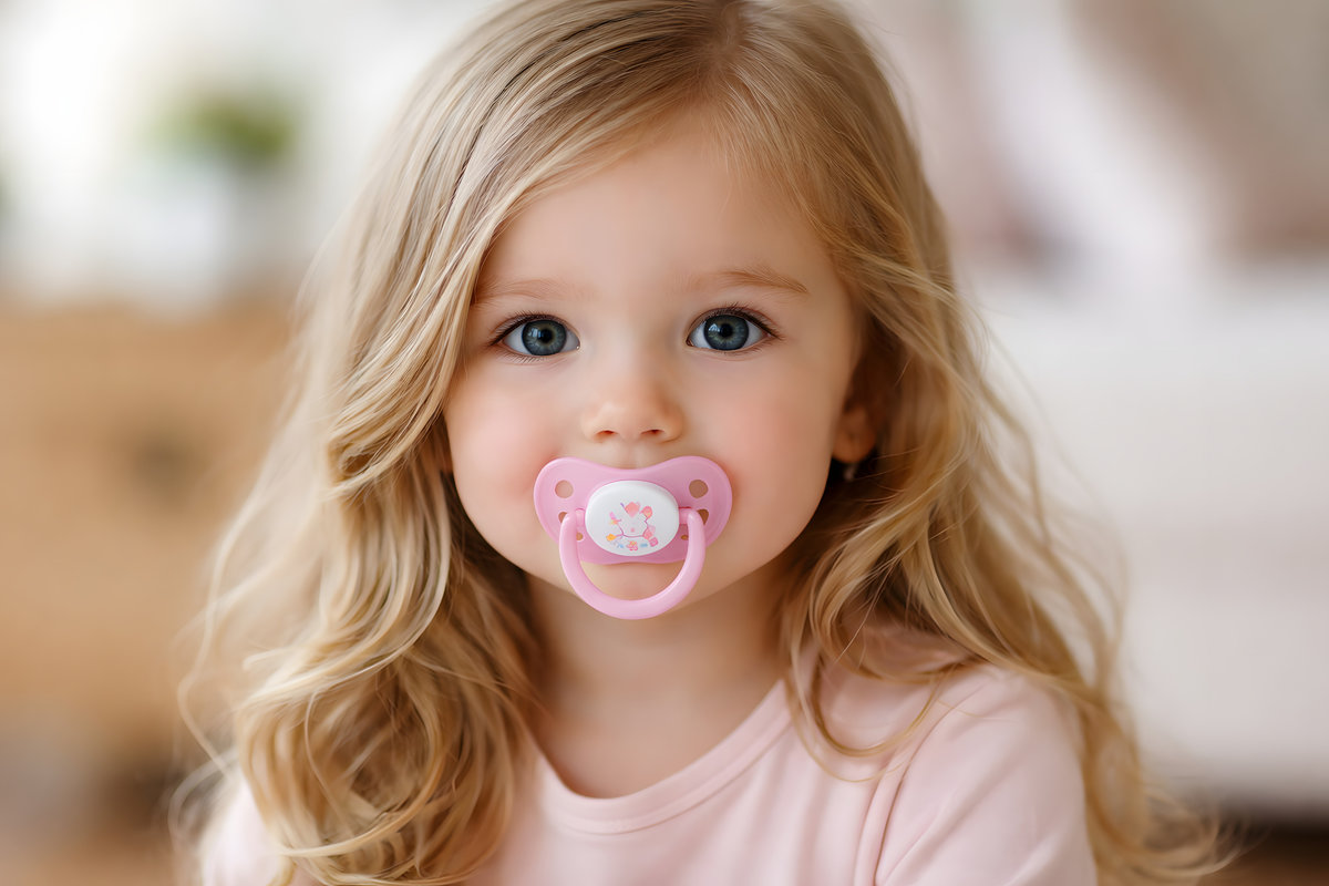 Adorable Toddler Girl With Pacifier Portrait – Cute Child at Home, Parenting and Early Childhood Concept