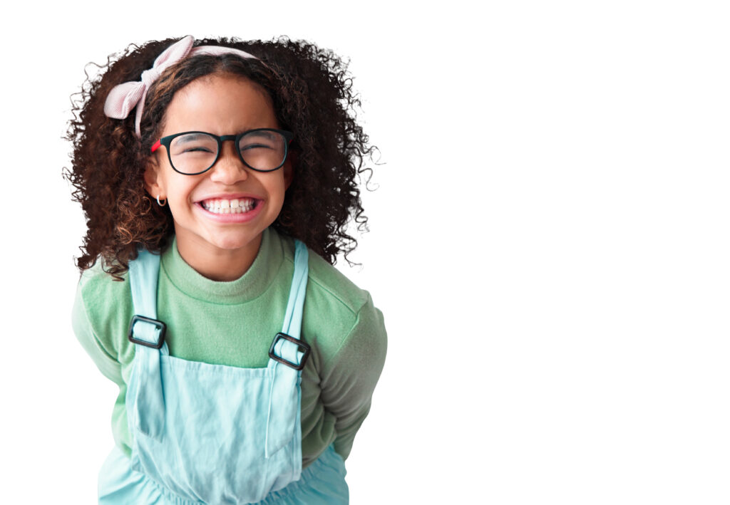 Portrait, girl and kid with glasses or excited in png or isolated and transparent background. Nerd, child and positive with happiness youth or geek or fashion eye care for trend with cool style.