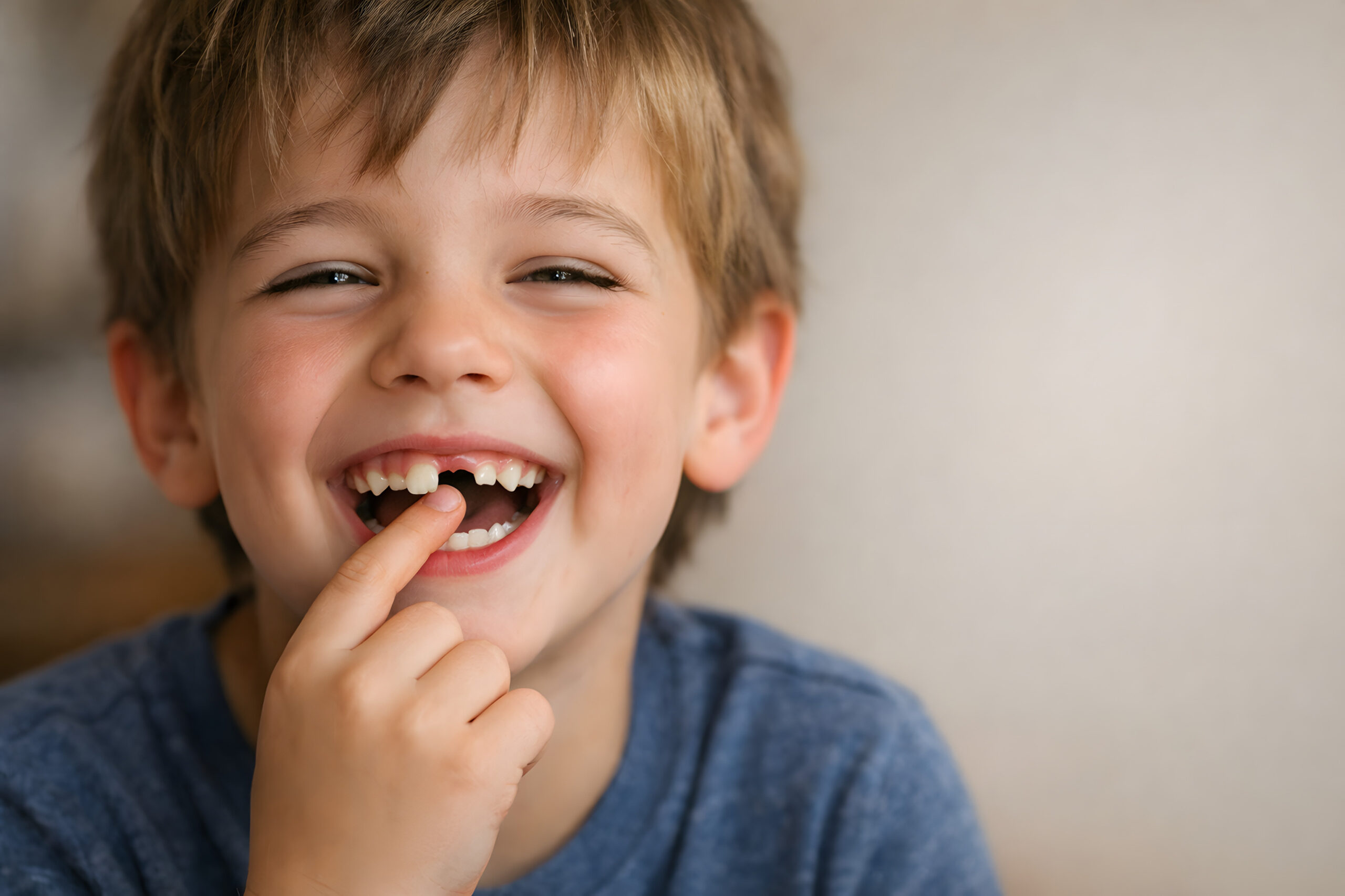Happy Child Showing First Lost Tooth and Smiling with Childhood Milestone